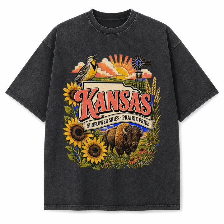 Colorful Kansas State Collage Washed Vintage T-Shirt in Black, front view on a white background