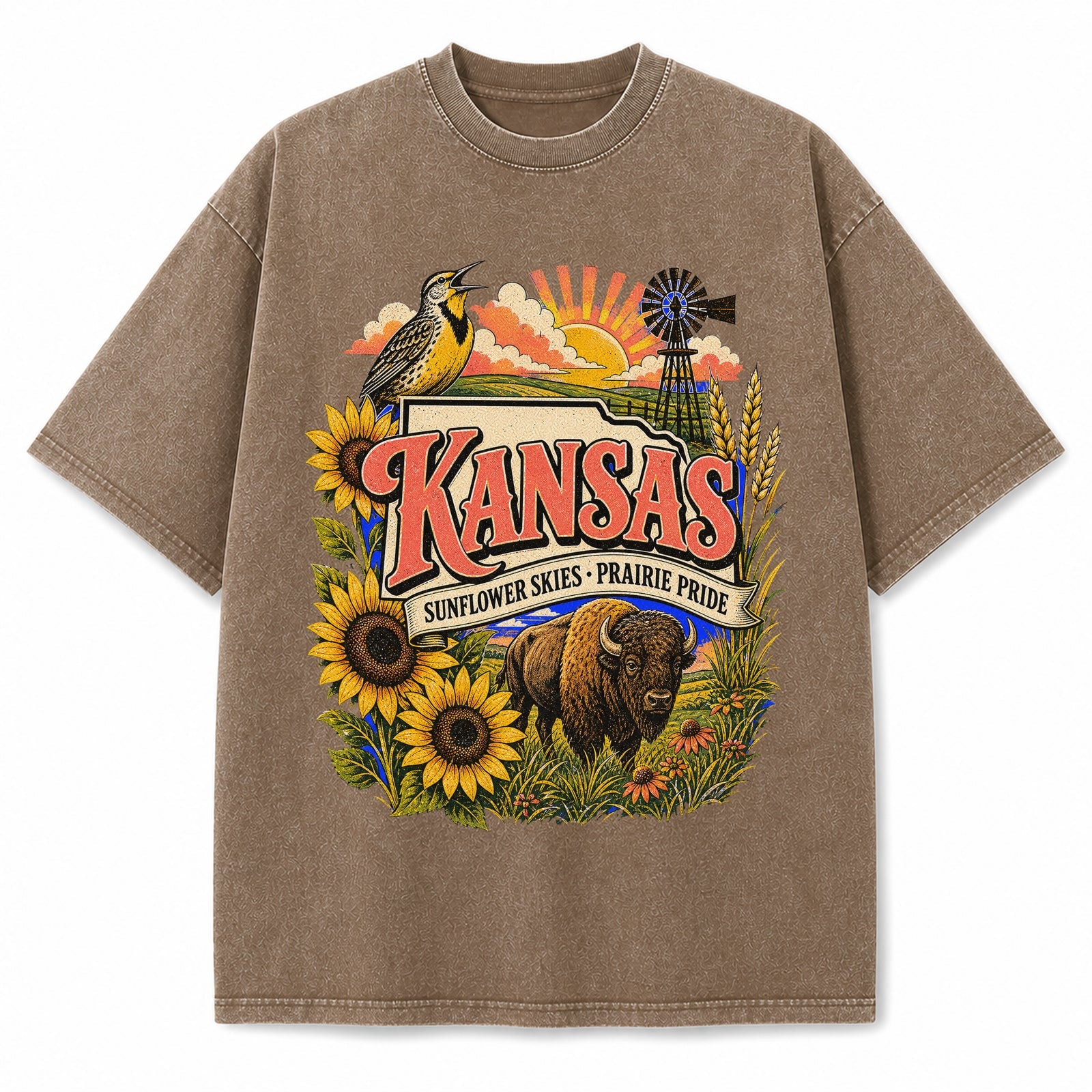 Colorful Kansas State Collage Washed Vintage T-Shirt in Brown, front view on a white background