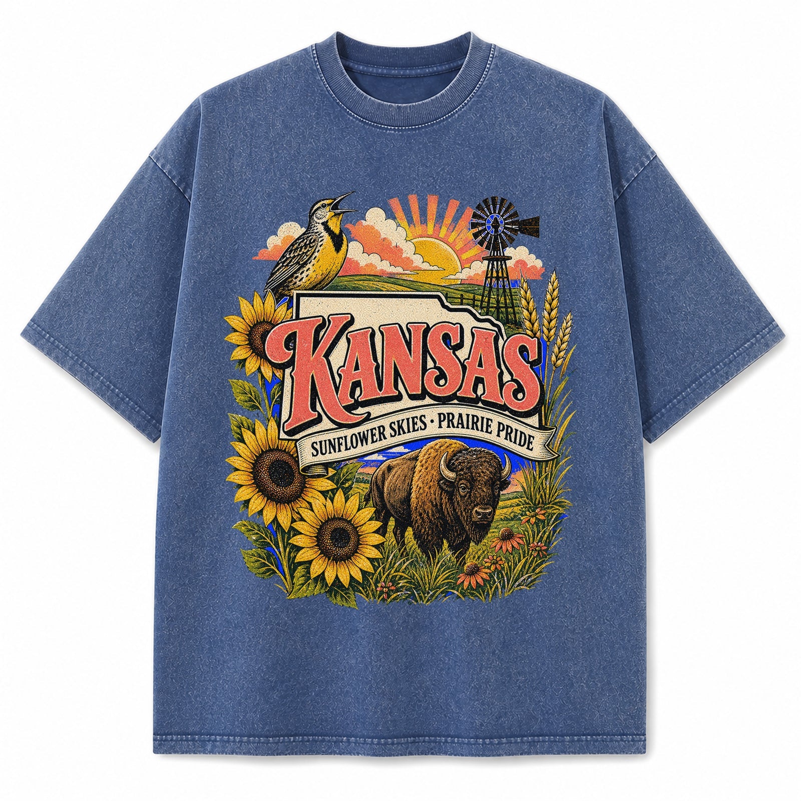 Colorful Kansas State Collage Washed Vintage T-Shirt in Blue, front view on a white background