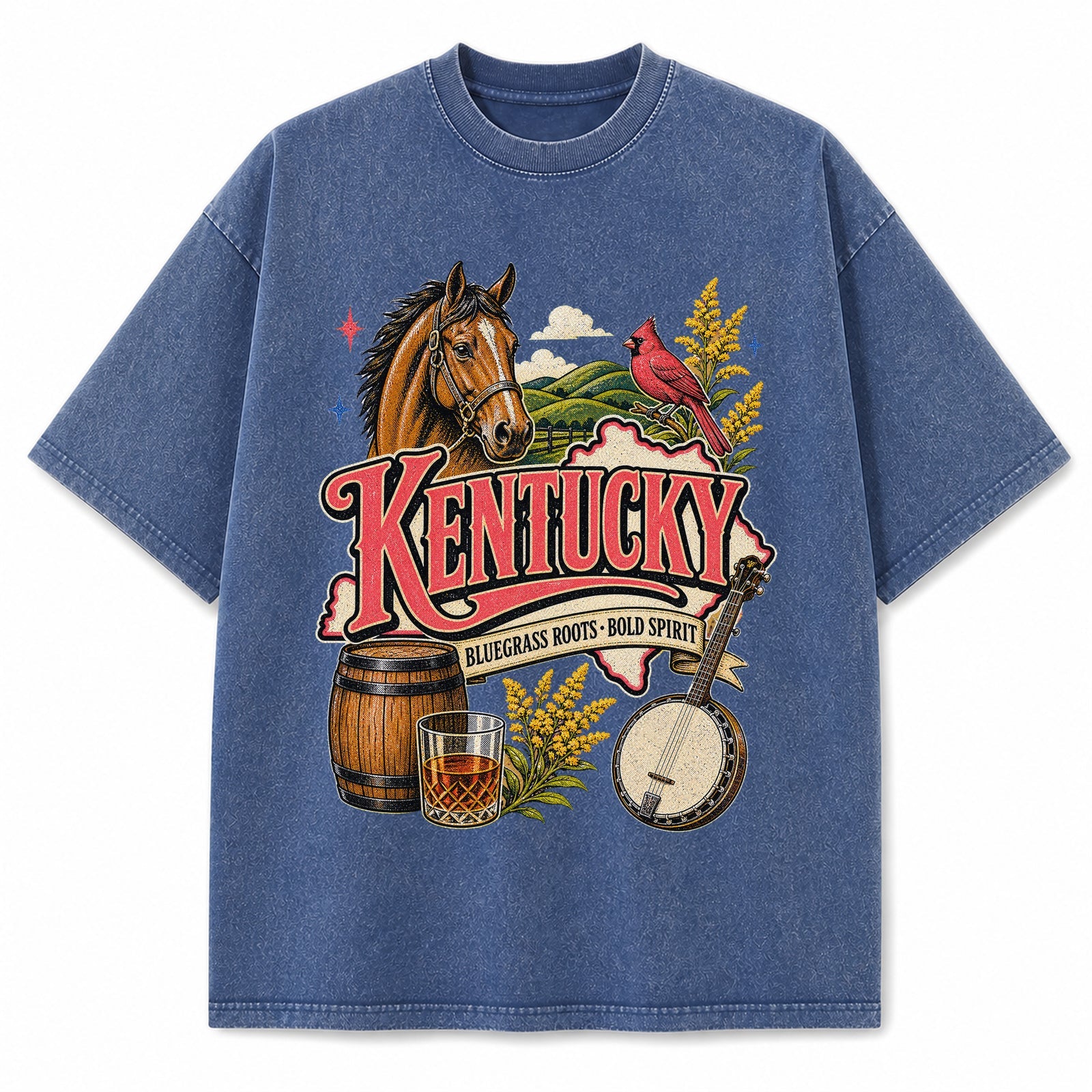 Colorful Kentucky State Collage Washed Vintage T-Shirt in Blue, front view on a white background