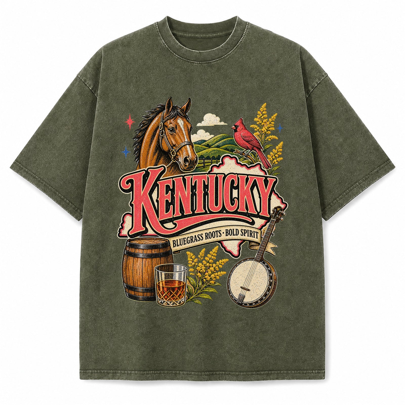Colorful Kentucky State Collage Washed Vintage T-Shirt in Military Green, front view on a white background