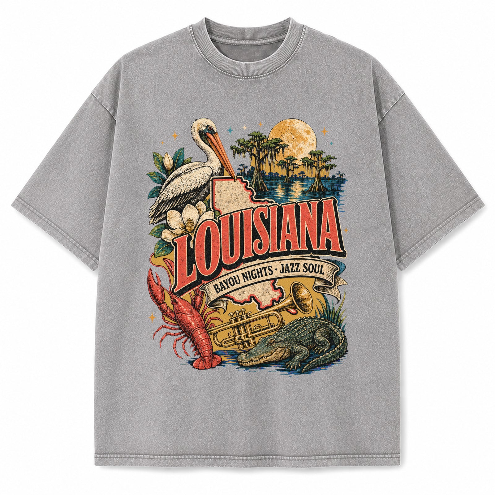 Colorful Louisiana State Collage Washed Vintage T-Shirt in Light Gray, front view on a white background