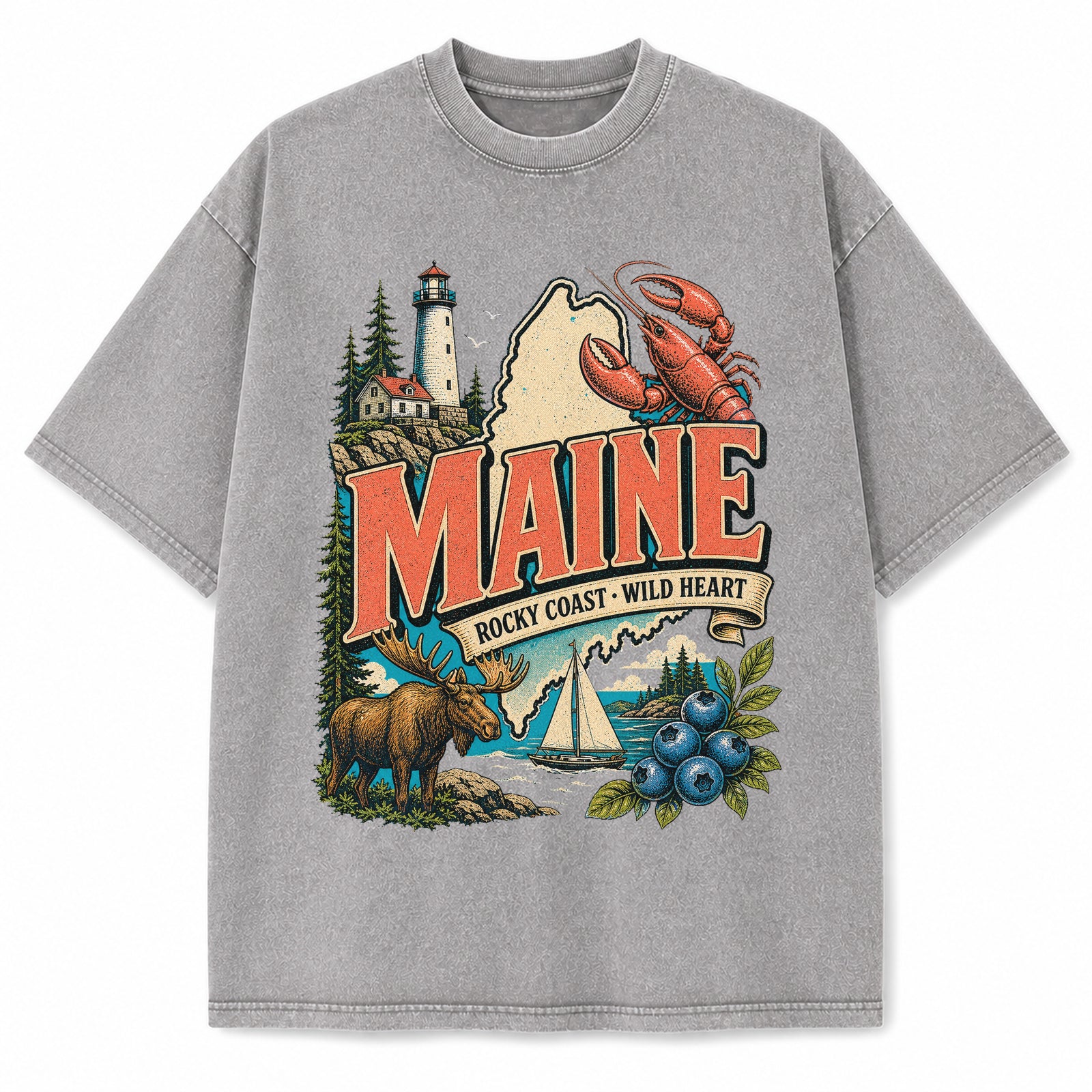 Colorful Maine State Collage Washed Vintage T-Shirt in Light Gray, front view on a white background