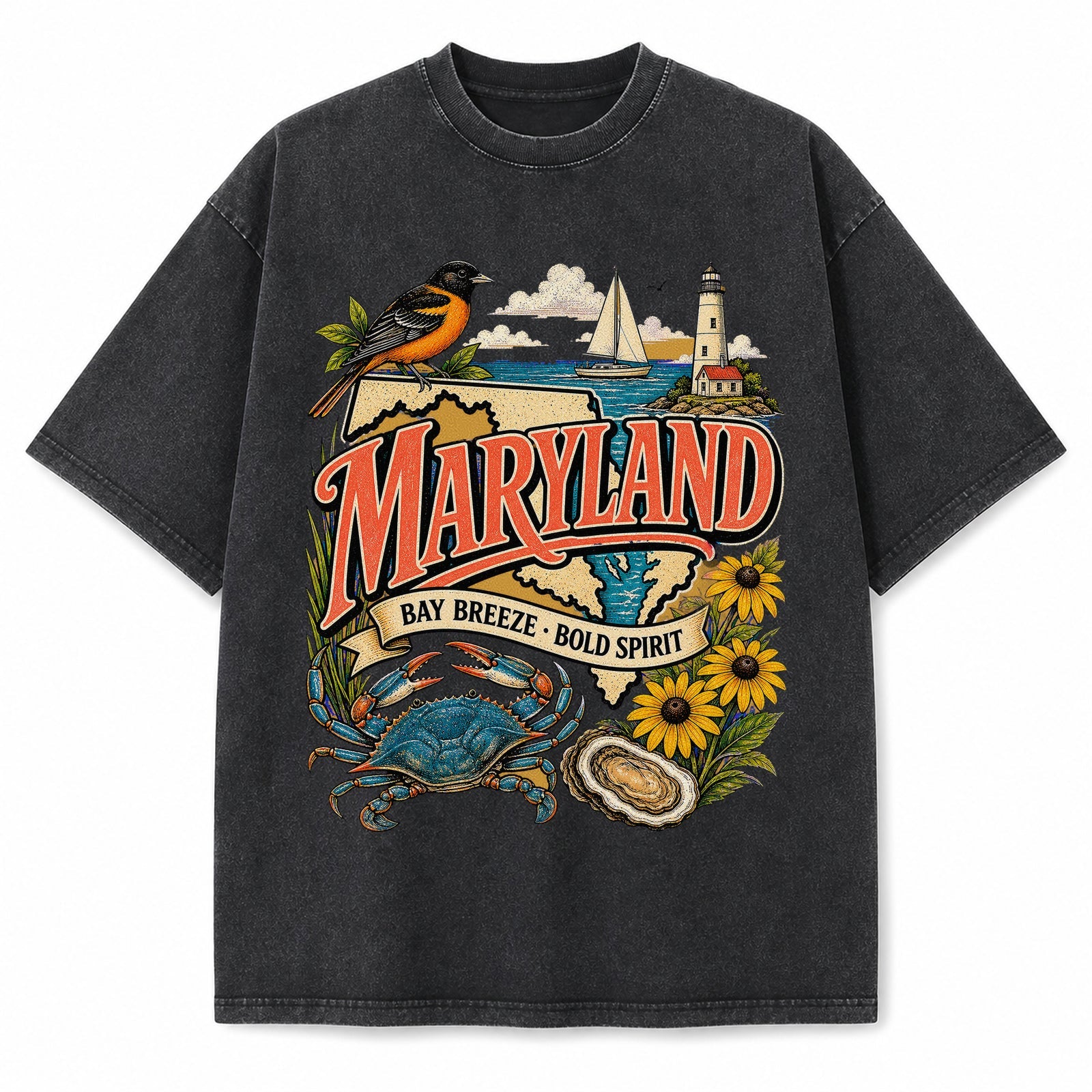 Colorful Maryland State Collage Washed Vintage T-Shirt in Black, front view on a white background