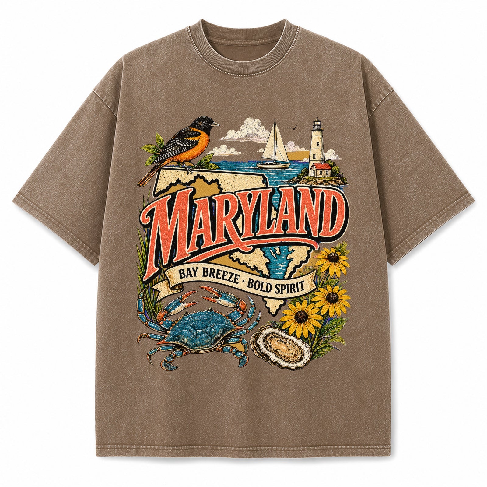 Colorful Maryland State Collage Washed Vintage T-Shirt in Brown, front view on a white background
