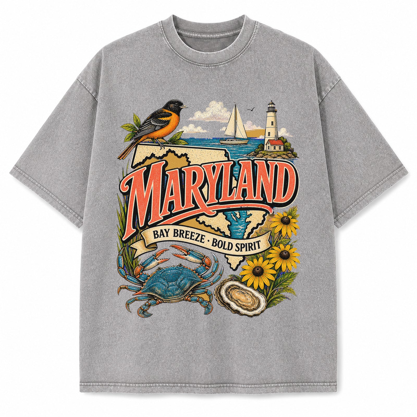 Colorful Maryland State Collage Washed Vintage T-Shirt in Light Gray, front view on a white background