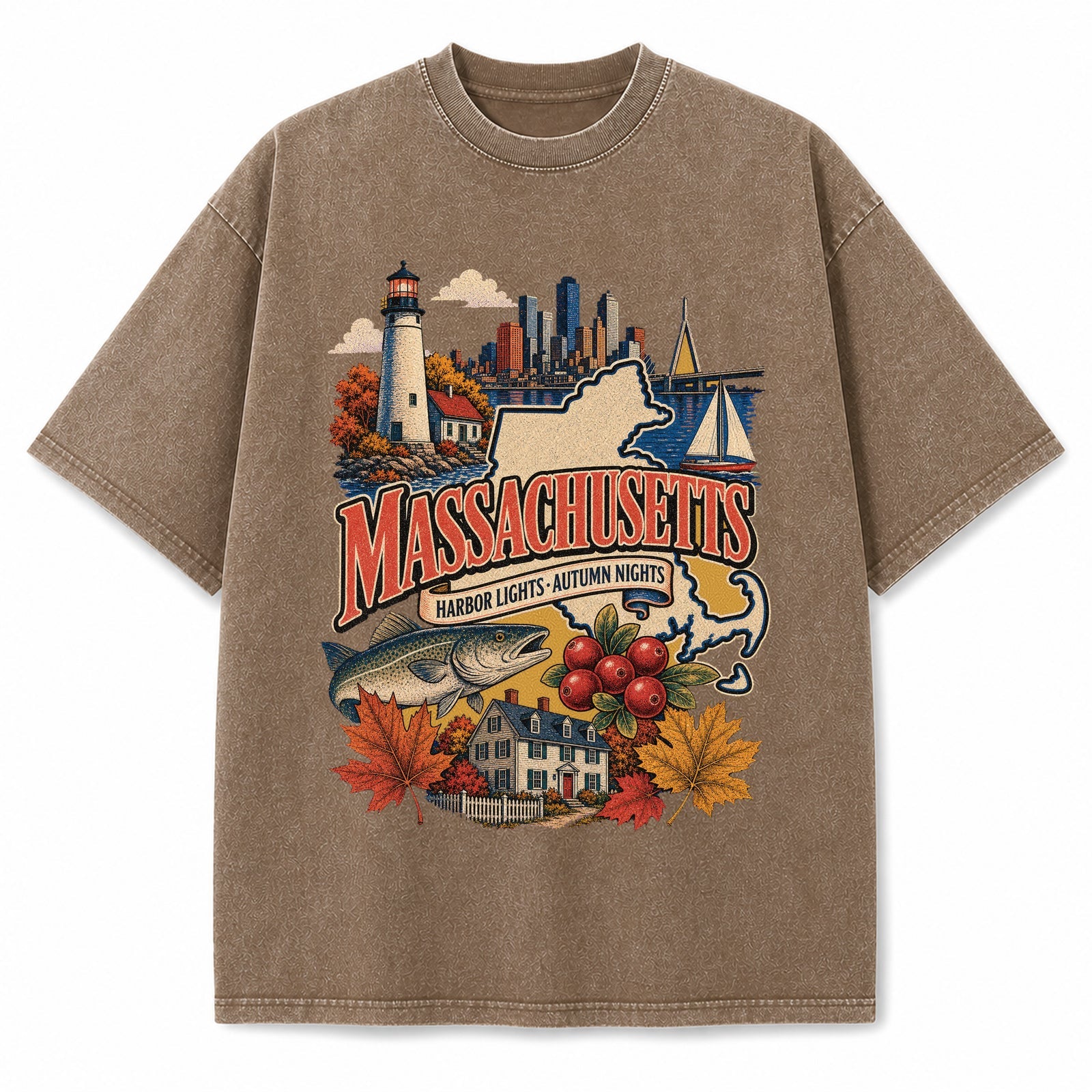 Colorful Massachusetts State Collage Washed Vintage T-Shirt in Brown, front view on a white background