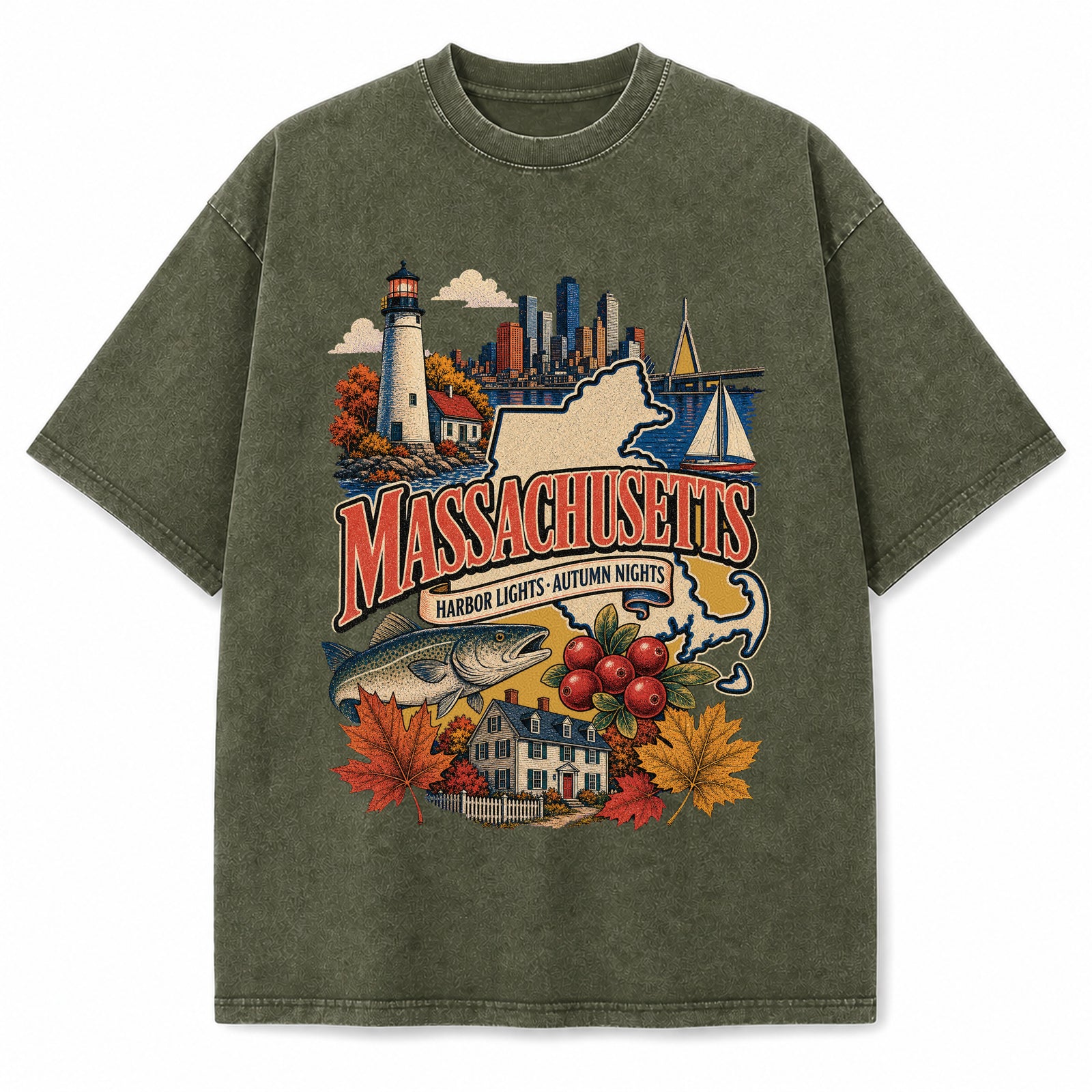 Colorful Massachusetts State Collage Washed Vintage T-Shirt in Military Green, front view on a white background