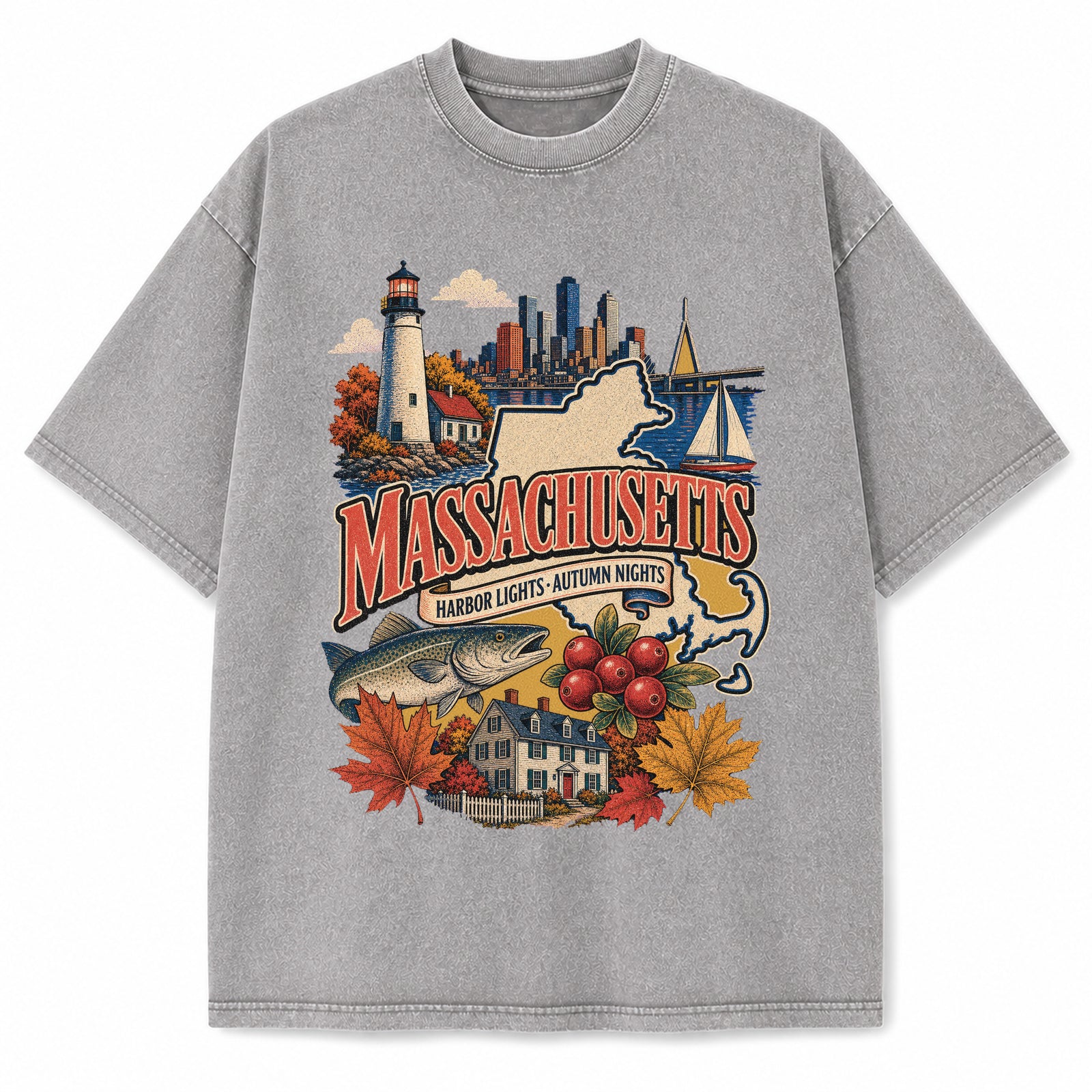 Colorful Massachusetts State Collage Washed Vintage T-Shirt in Light Gray, front view on a white background