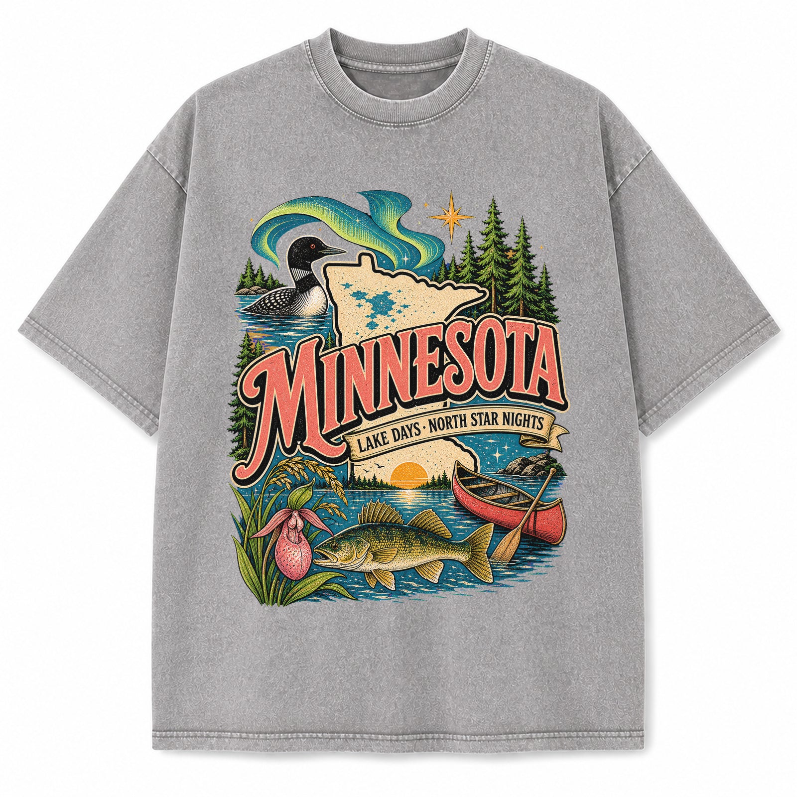 Colorful Minnesota State Collage Washed Vintage T-Shirt in Light Gray, front view on a white background