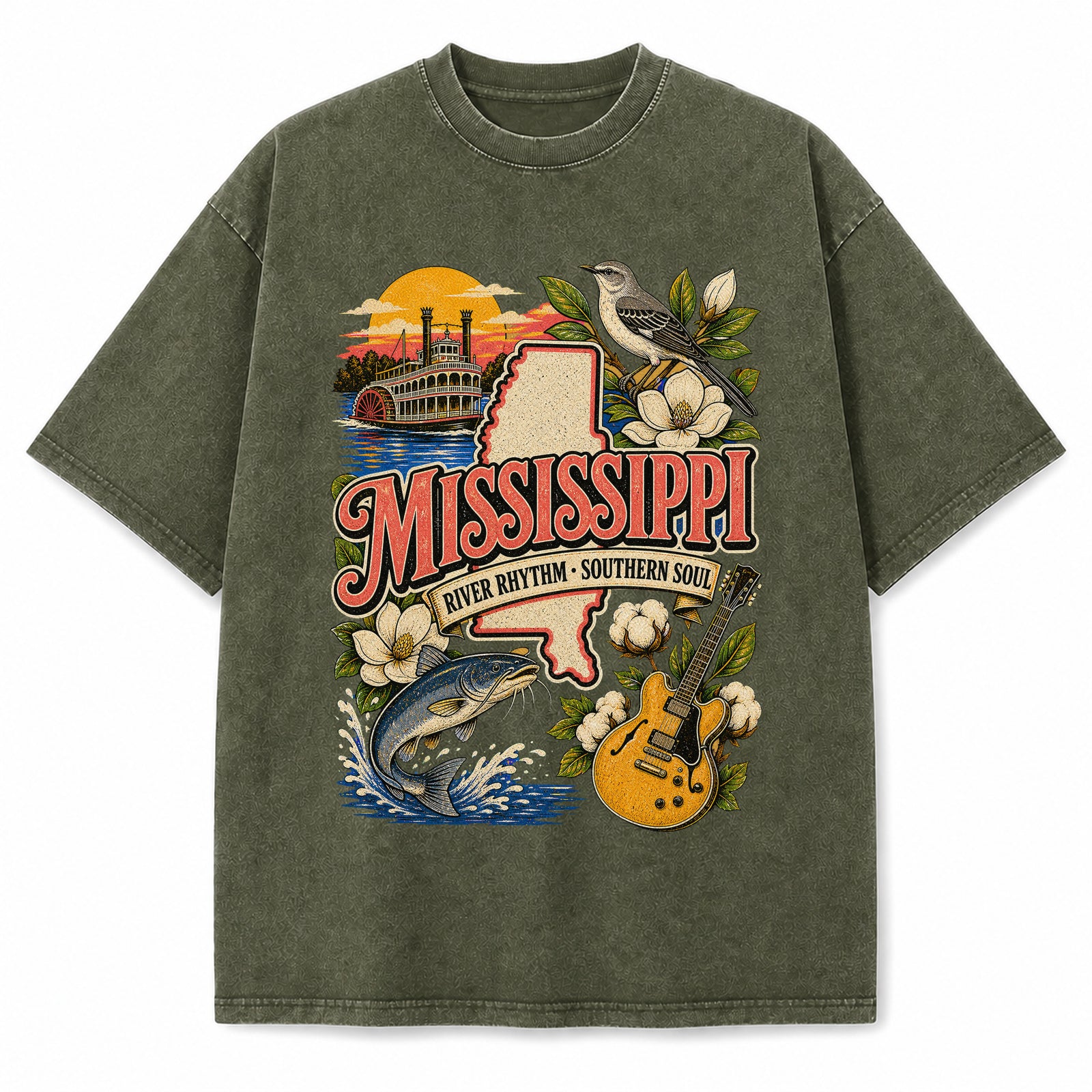 Colorful Mississippi State Collage Washed Vintage T-Shirt in Military Green, front view on a white background