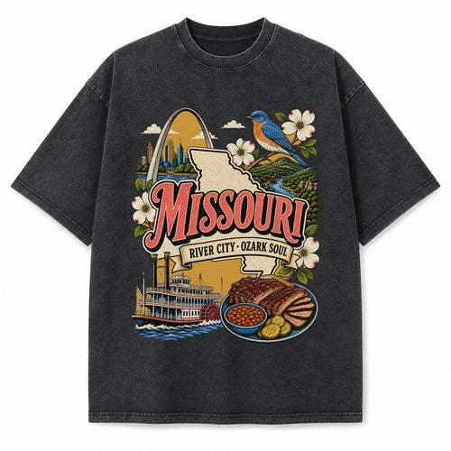 Colorful Missouri State Collage Washed Vintage T-Shirt in Black, front view on a white background