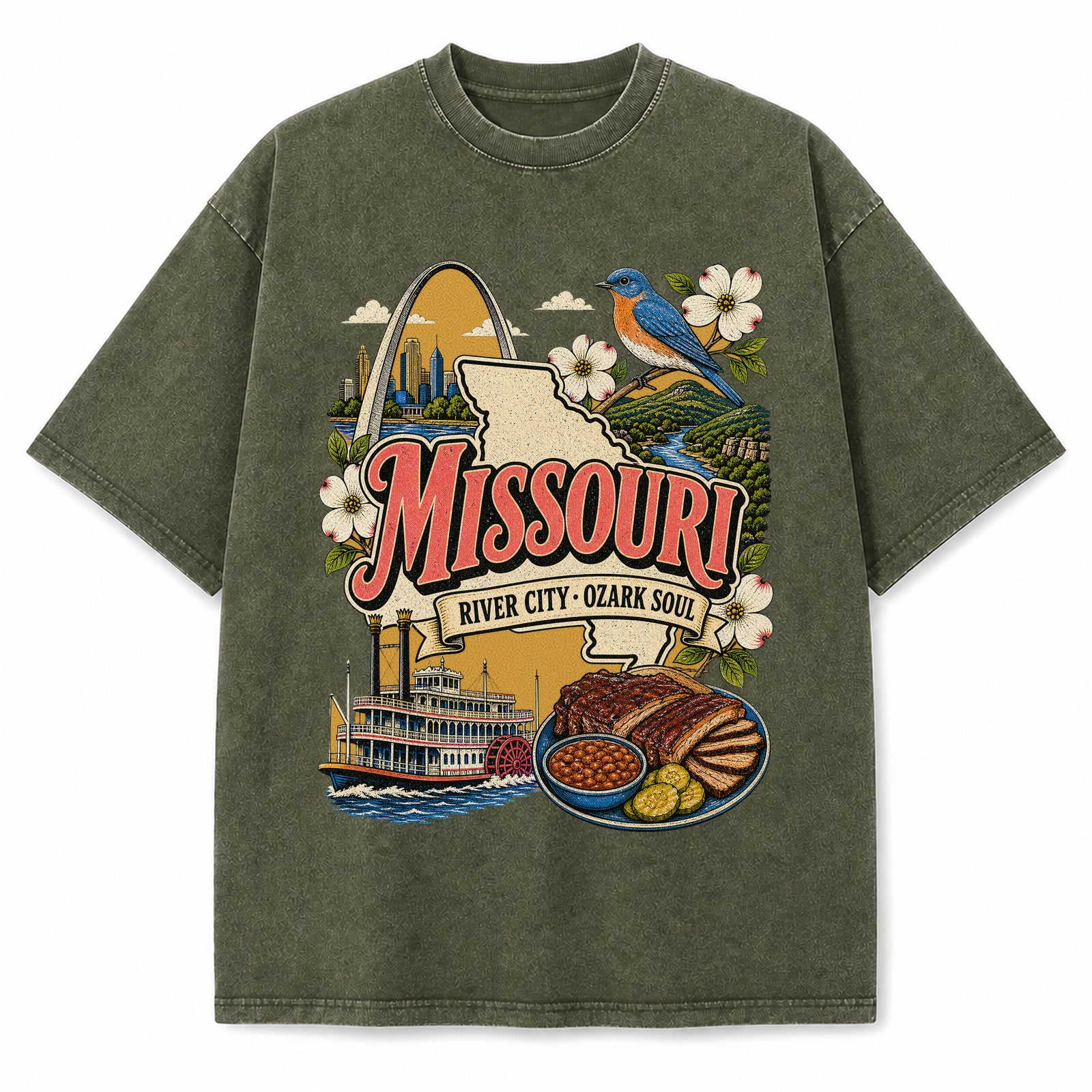 Colorful Missouri State Collage Washed Vintage T-Shirt in Military Green, front view on a white background