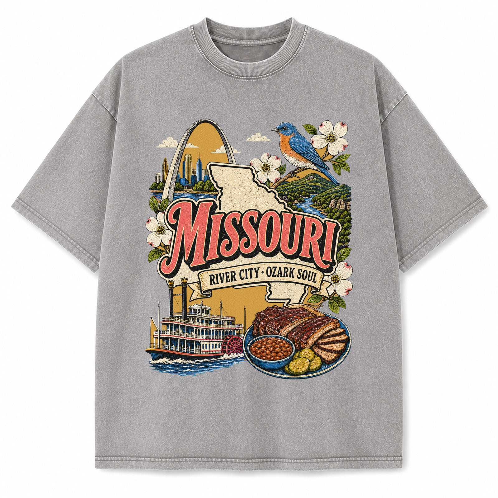 Colorful Missouri State Collage Washed Vintage T-Shirt in Light Gray, front view on a white background