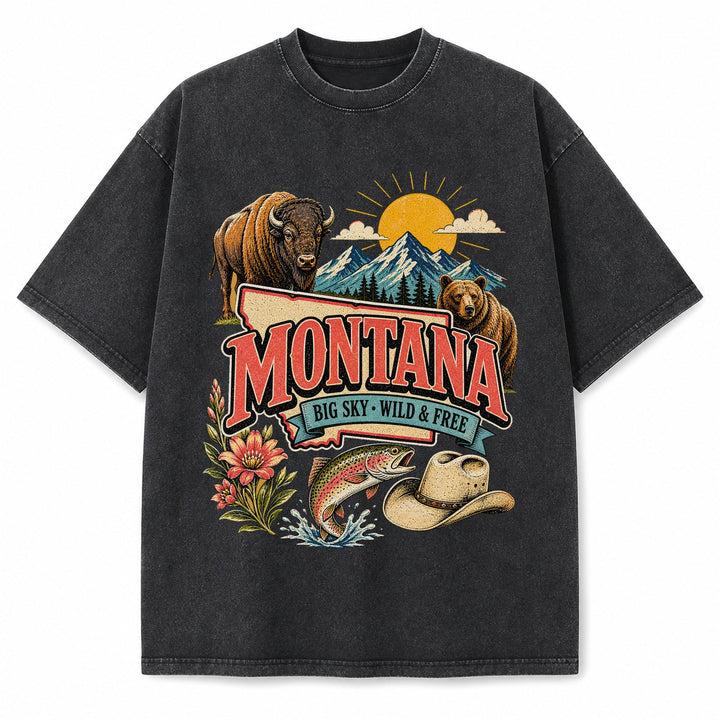 Colorful Montana State Collage Washed Vintage T-Shirt in Black, front view on a white background