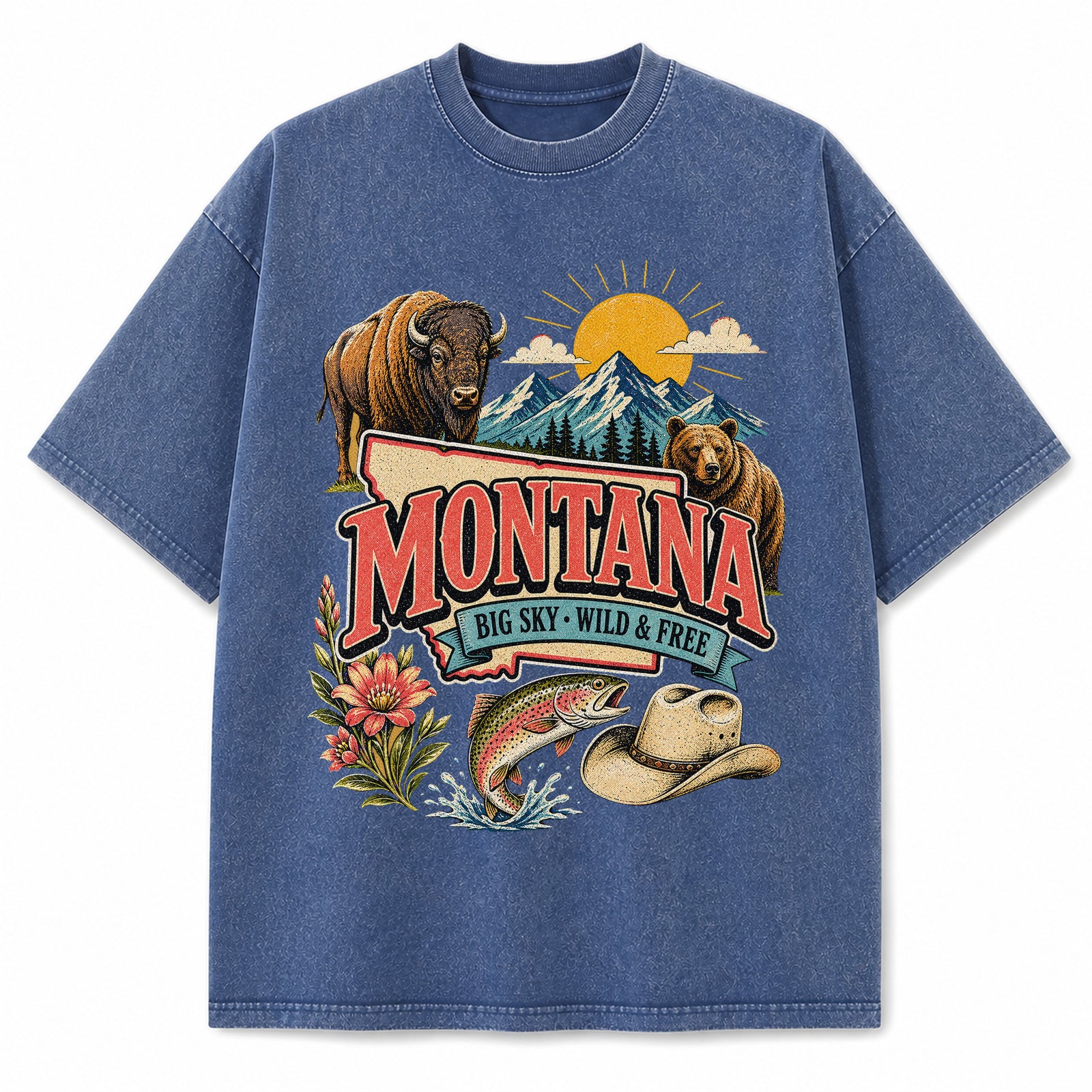 Colorful Montana State Collage Washed Vintage T-Shirt in Blue, front view on a white background