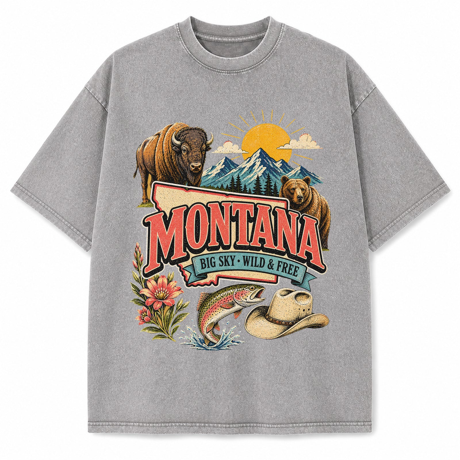 Colorful Montana State Collage Washed Vintage T-Shirt in Light Gray, front view on a white background