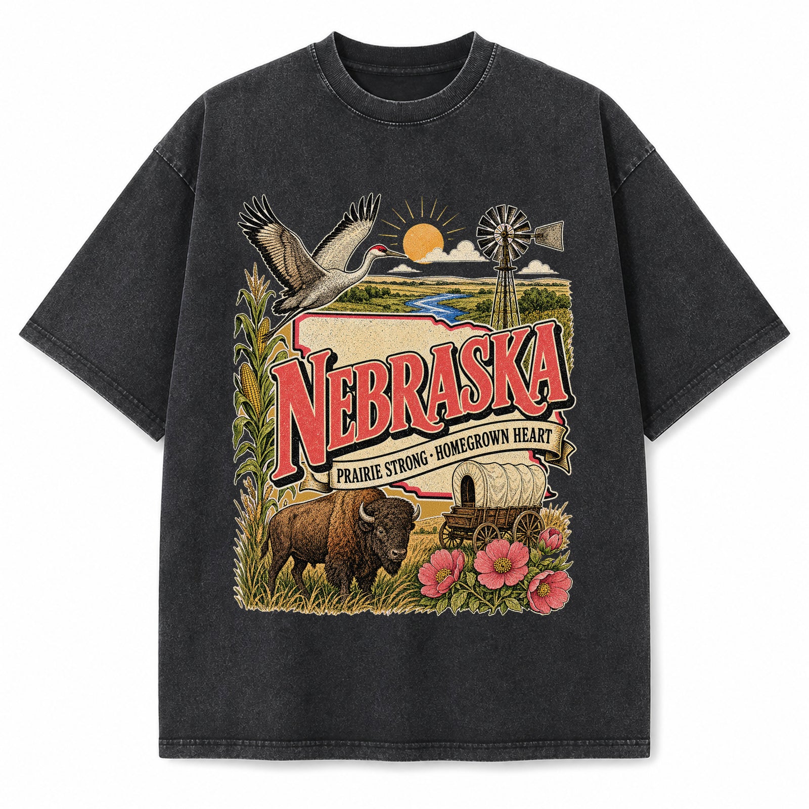 Colorful Nebraska State Collage Washed Vintage T-Shirt in Black, front view on a white background