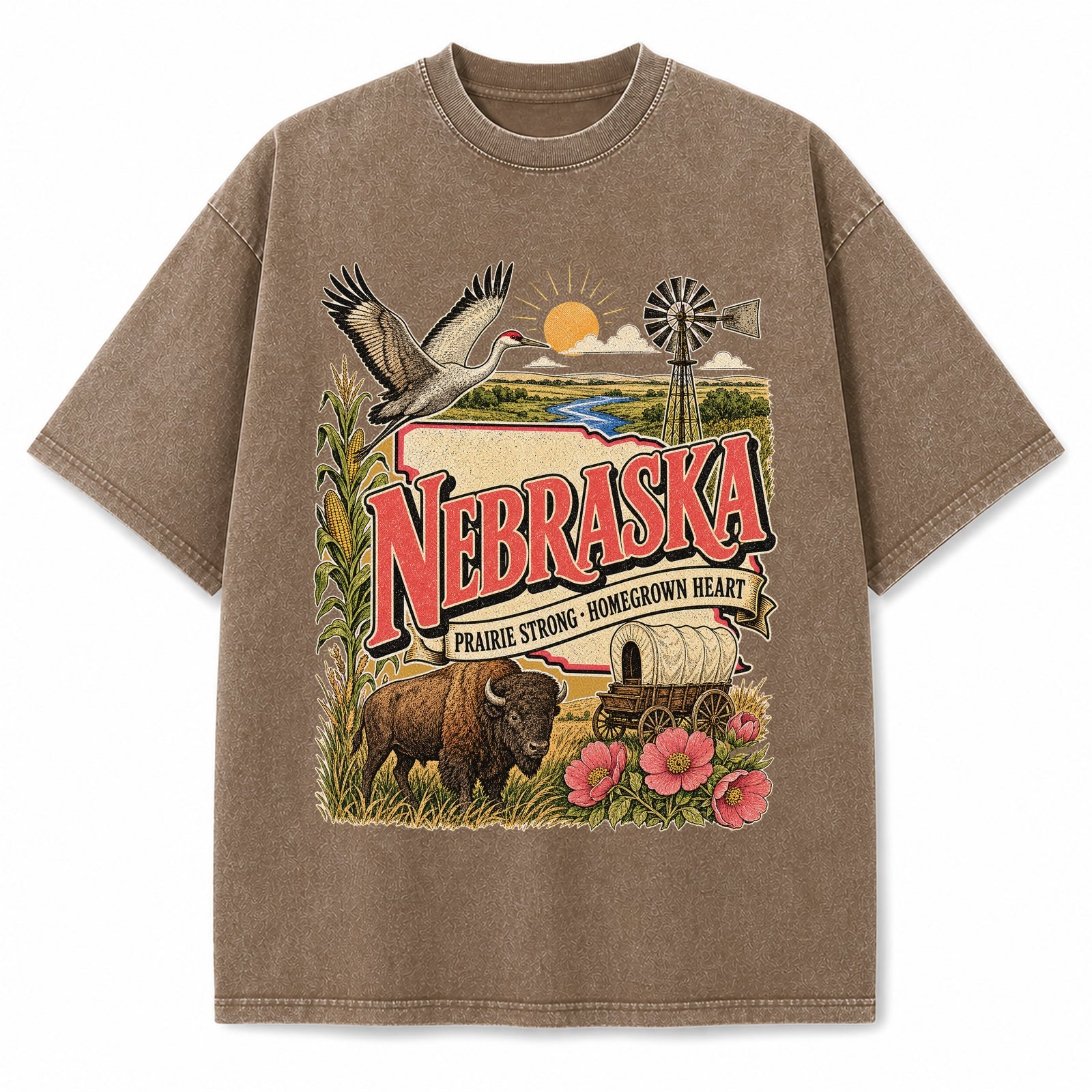 Colorful Nebraska State Collage Washed Vintage T-Shirt in Brown, front view on a white background