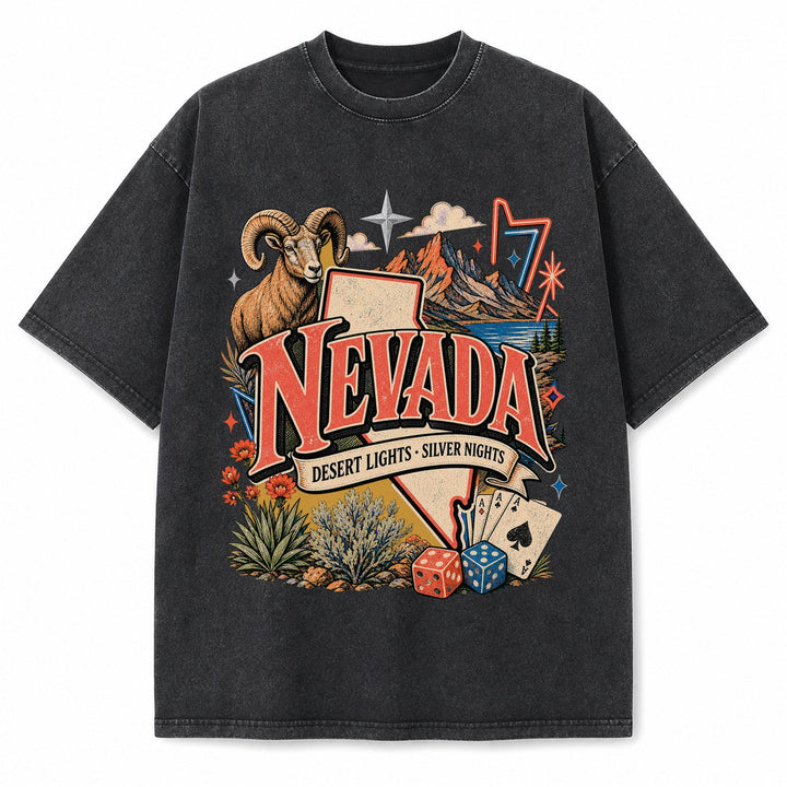 Colorful Nevada State Collage Washed Vintage T-Shirt in Black, front view on a white background