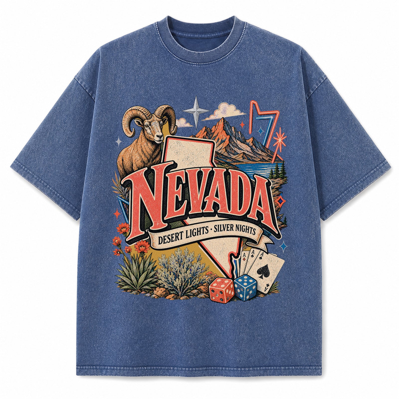 Colorful Nevada State Collage Washed Vintage T-Shirt in Blue, front view on a white background