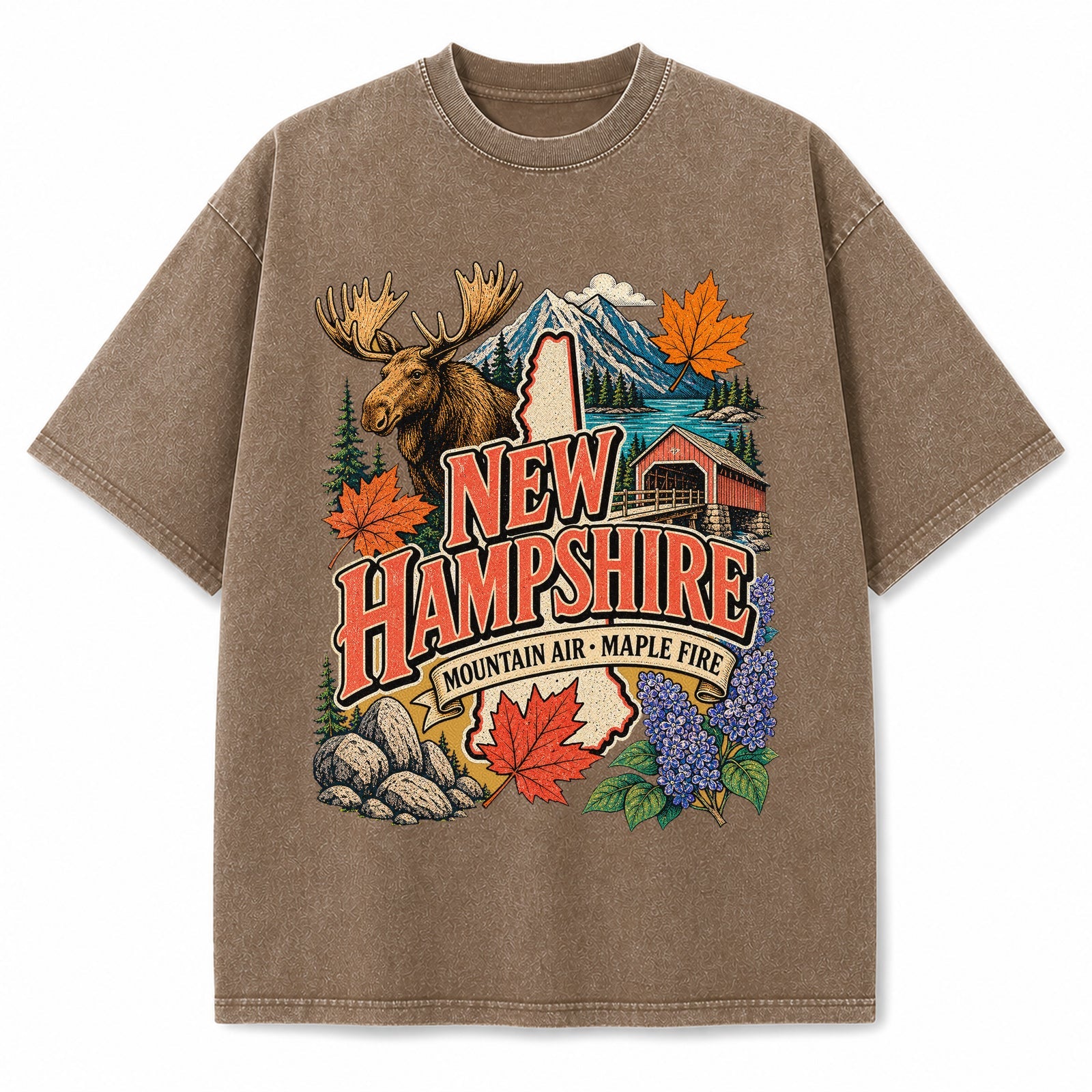 Colorful New Hampshire State Collage Washed Vintage T-Shirt in Brown, front view on a white background