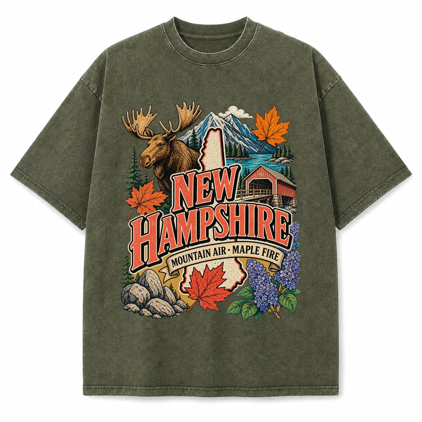 Colorful New Hampshire State Collage Washed Vintage T-Shirt in Military Green, front view on a white background