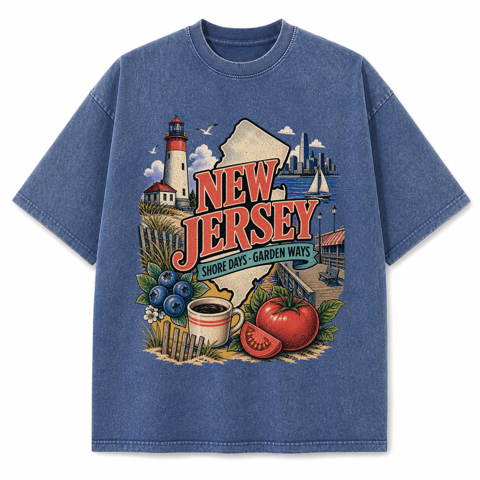 Colorful New Jersey State Collage Washed Vintage T-Shirt in Blue, front view on a white background