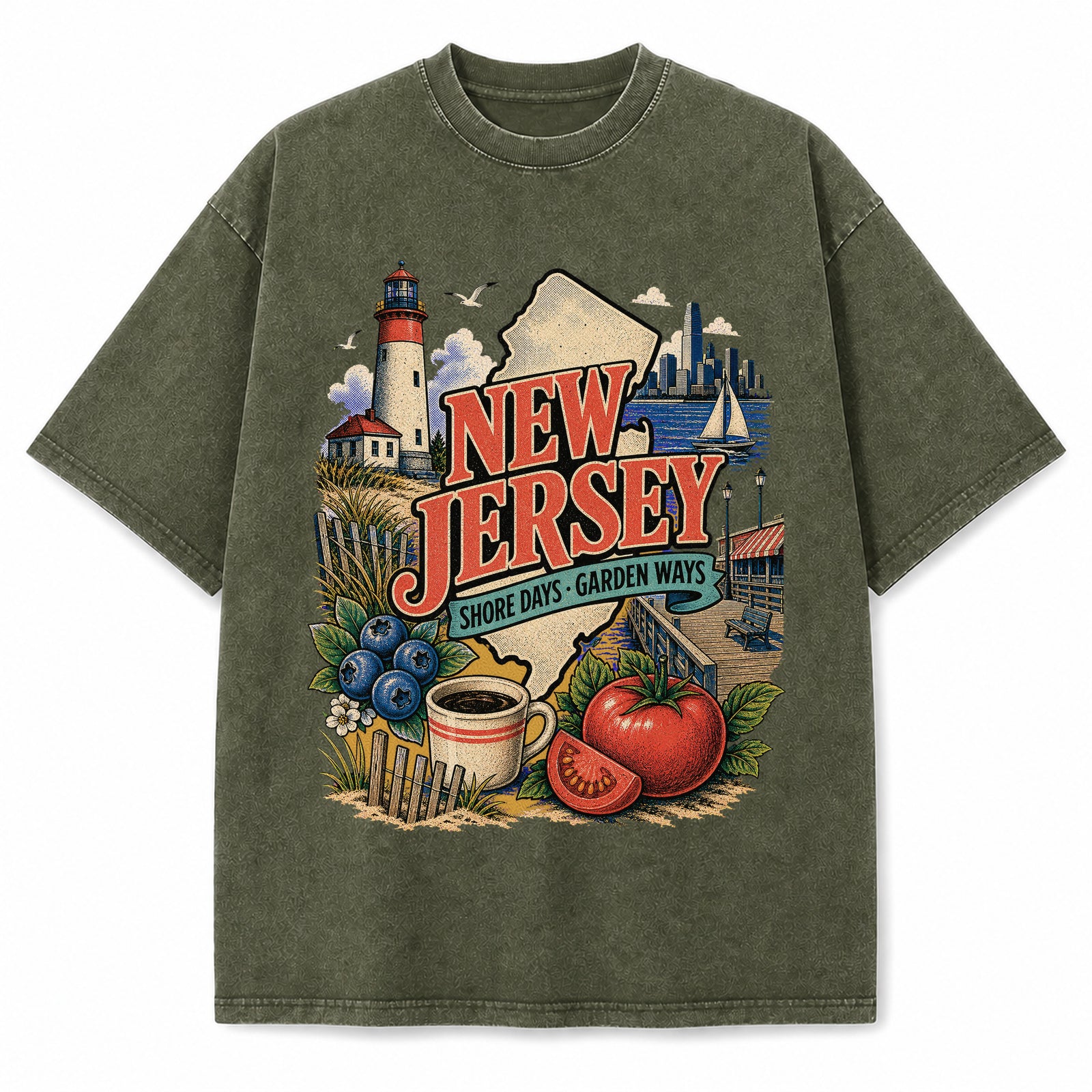 Colorful New Jersey State Collage Washed Vintage T-Shirt in Military Green, front view on a white background