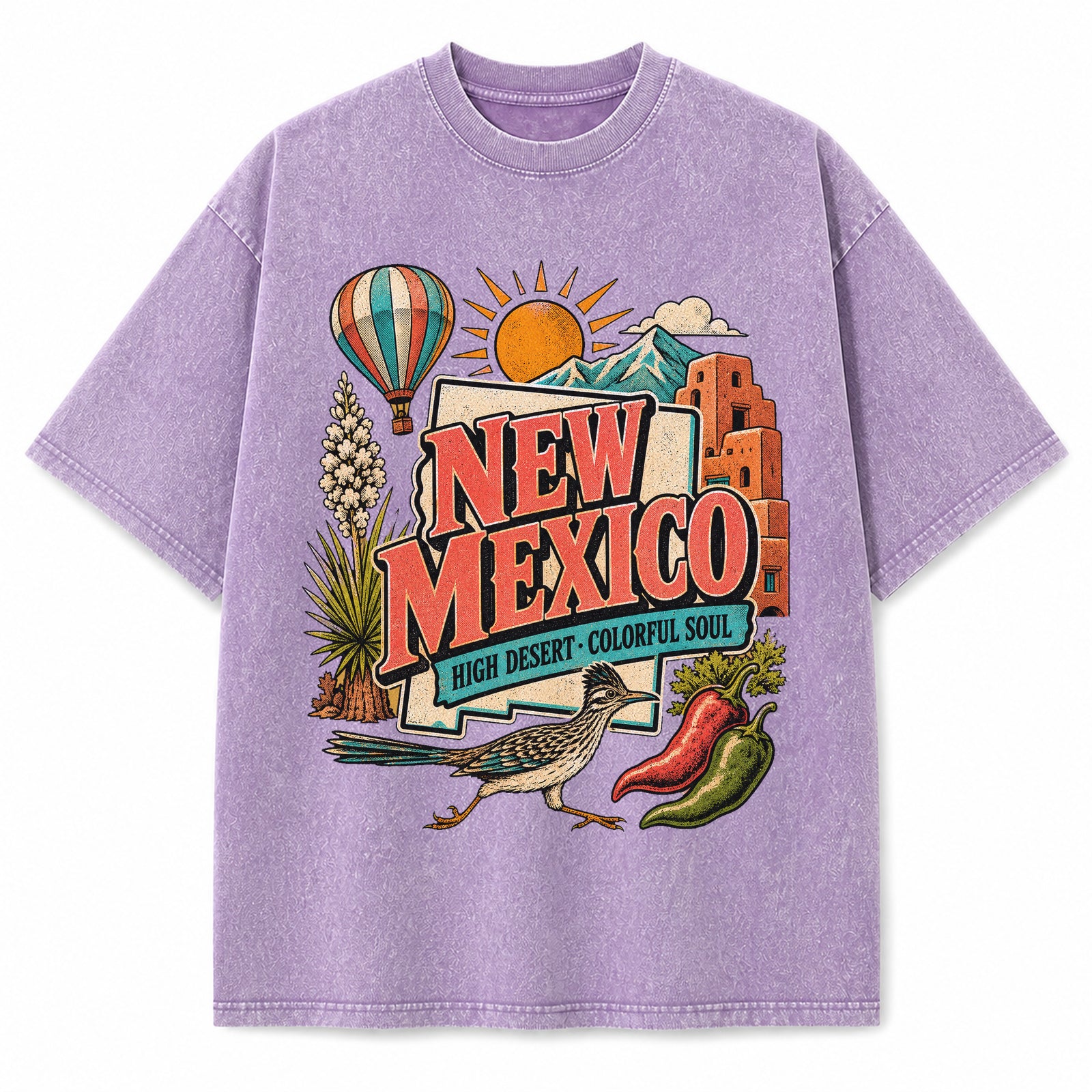 Colorful New Mexico State Collage Washed Vintage T-Shirt in Purple, front view on a white background