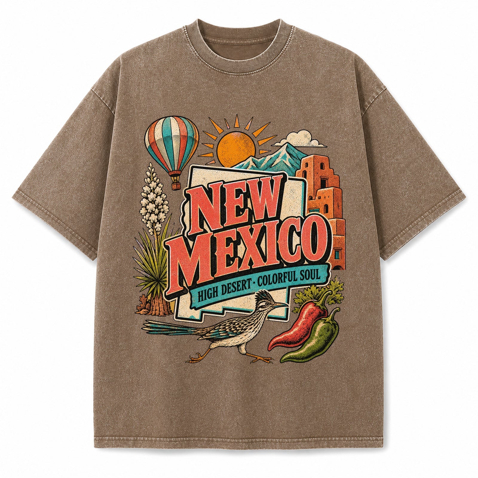 Colorful New Mexico State Collage Washed Vintage T-Shirt in Brown, front view on a white background