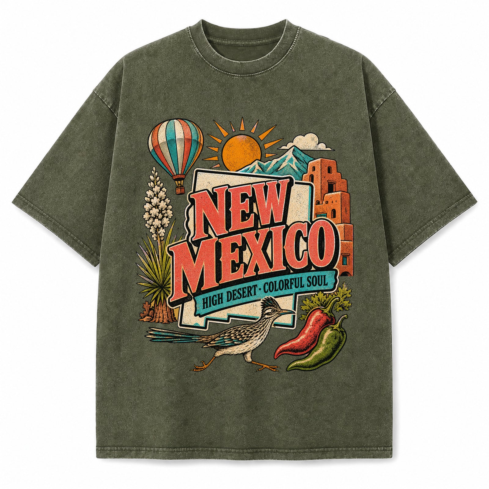 Colorful New Mexico State Collage Washed Vintage T-Shirt in Military Green, front view on a white background