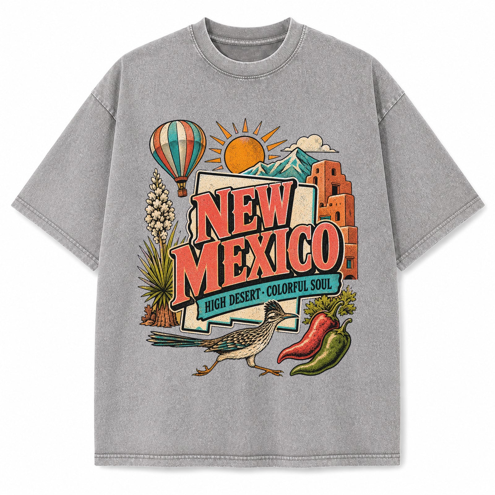 Colorful New Mexico State Collage Washed Vintage T-Shirt in Light Gray, front view on a white background