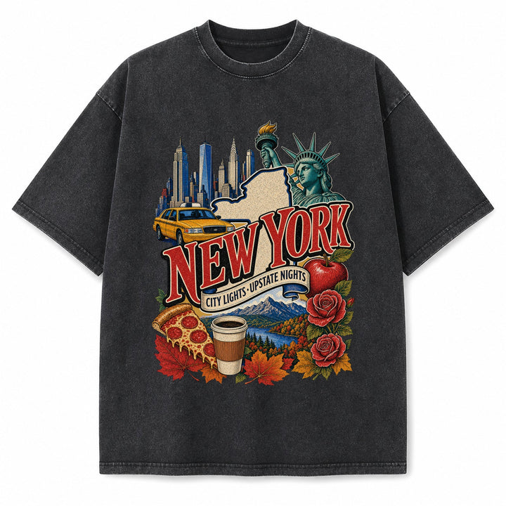Colorful New York State Collage Washed Vintage T-Shirt in Black, front view on a white background