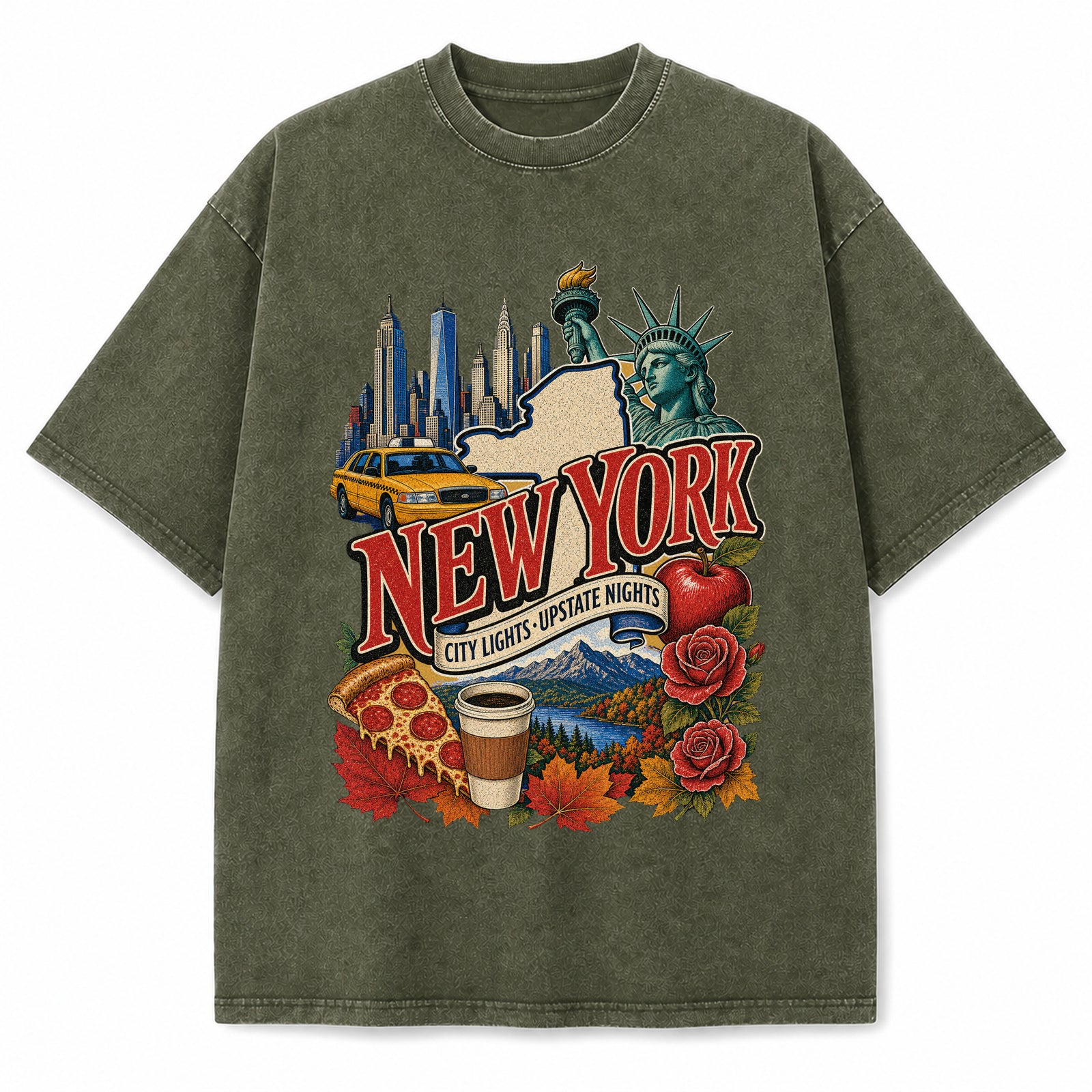 Colorful New York State Collage Washed Vintage T-Shirt in Military Green, front view on a white background