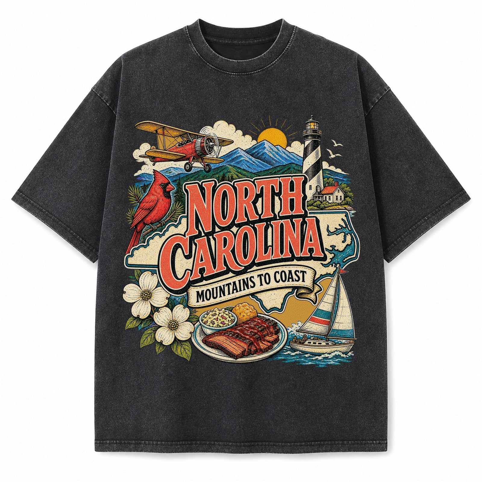 Colorful North Carolina State Collage Washed Vintage T-Shirt in Black, front view on a white background