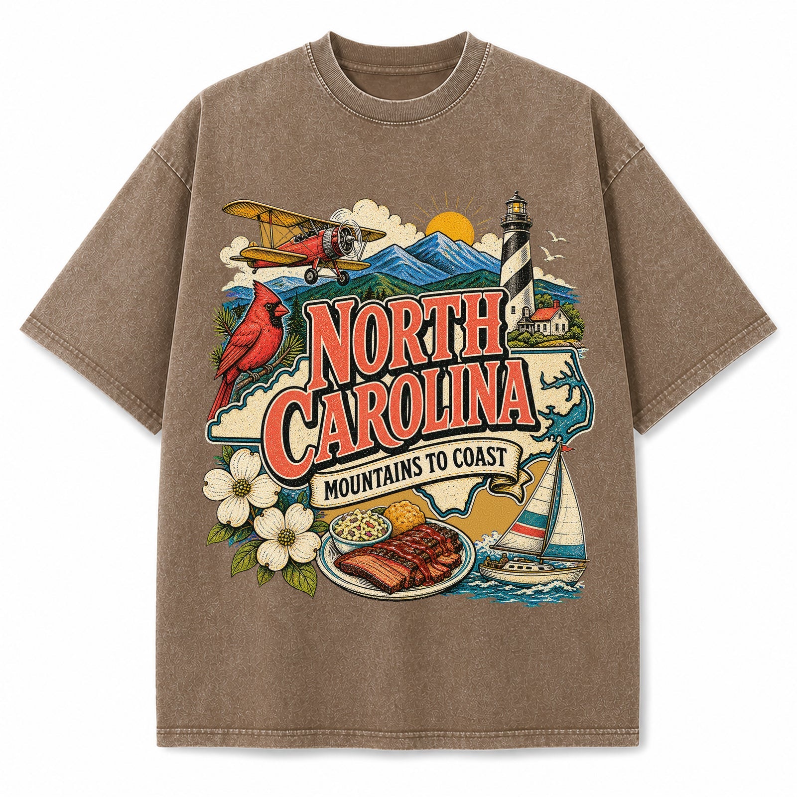 Colorful North Carolina State Collage Washed Vintage T-Shirt in Brown, front view on a white background