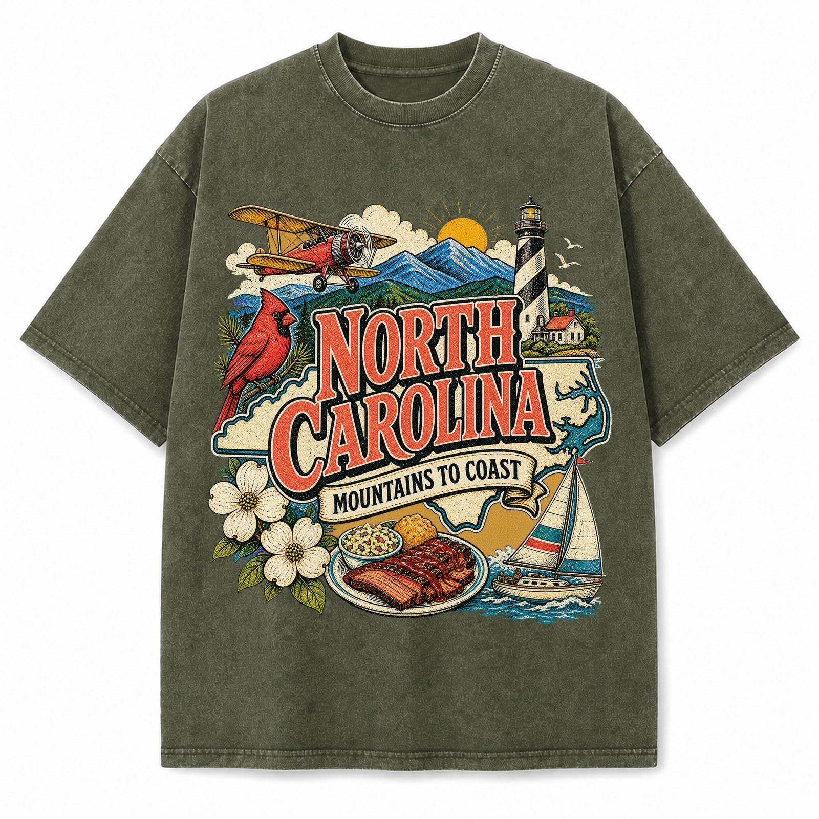 Colorful North Carolina State Collage Washed Vintage T-Shirt in Military Green, front view on a white background