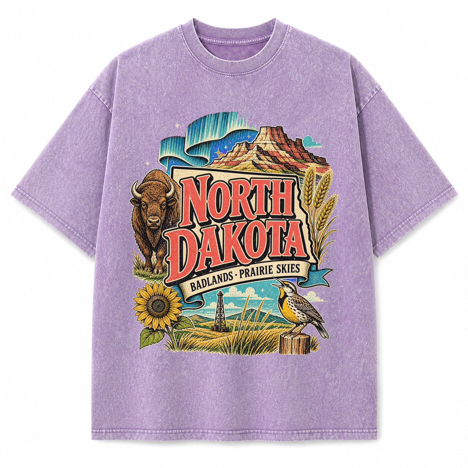 Colorful North Dakota State Collage Washed Vintage T-Shirt in Purple, front view on a white background