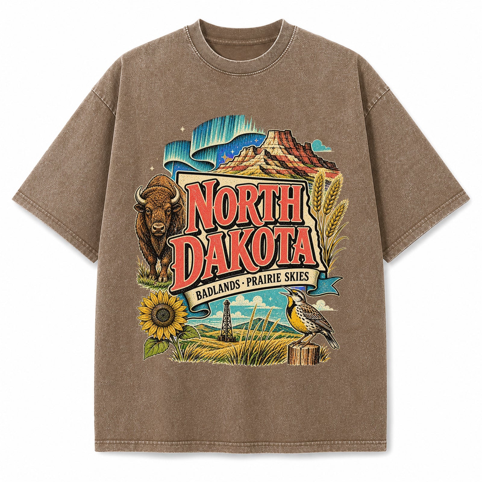 Colorful North Dakota State Collage Washed Vintage T-Shirt in Brown, front view on a white background