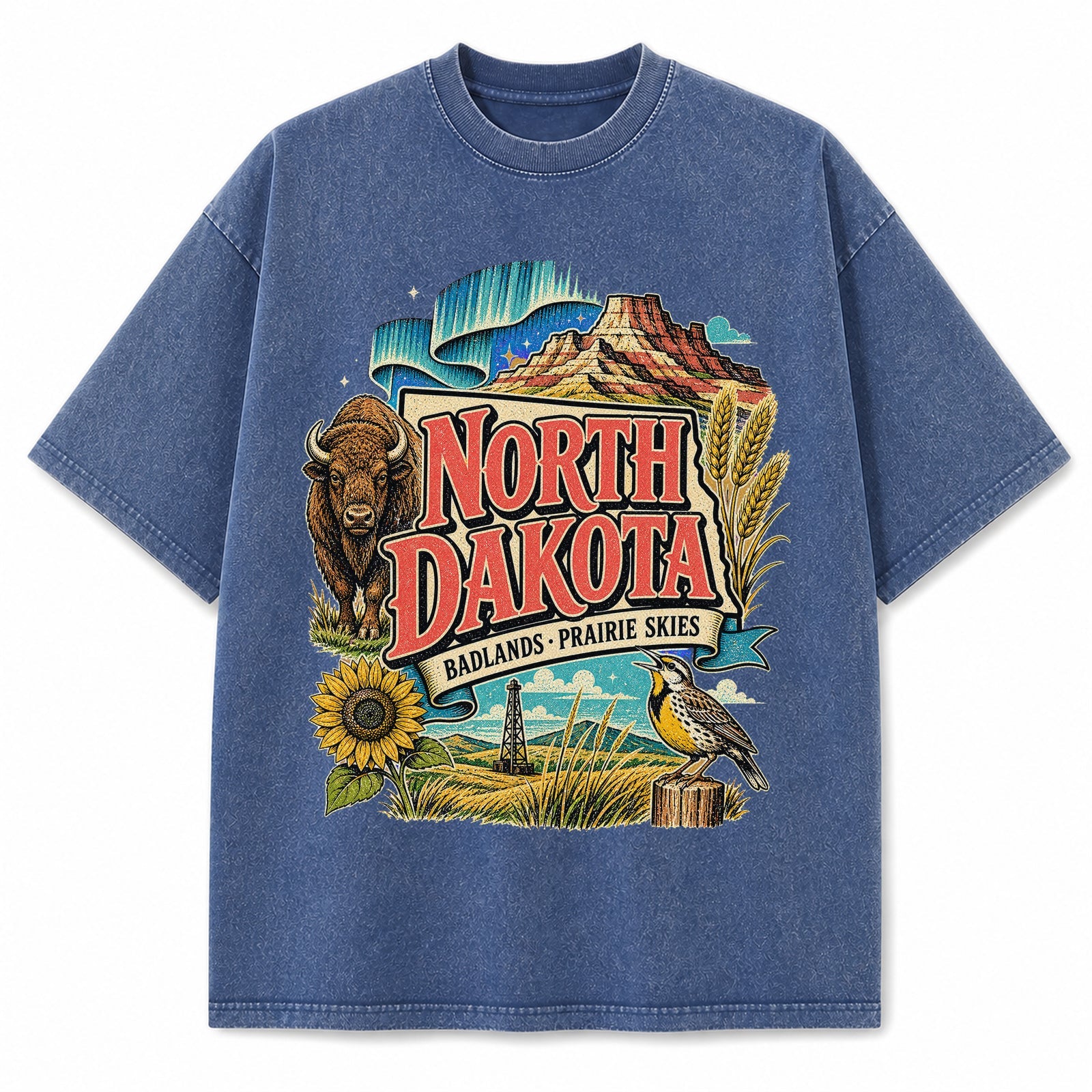 Colorful North Dakota State Collage Washed Vintage T-Shirt in Blue, front view on a white background