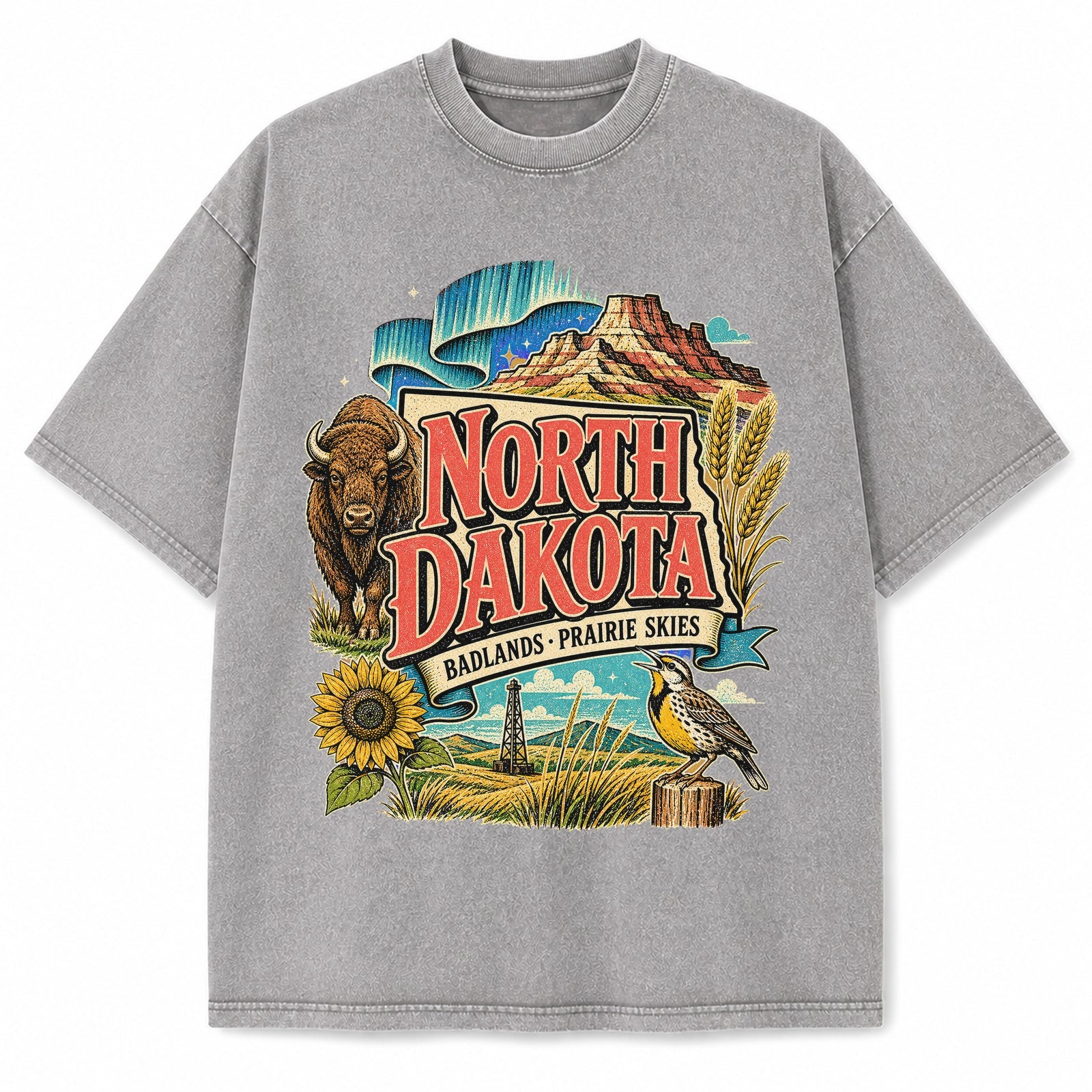 Colorful North Dakota State Collage Washed Vintage T-Shirt in Light Gray, front view on a white background