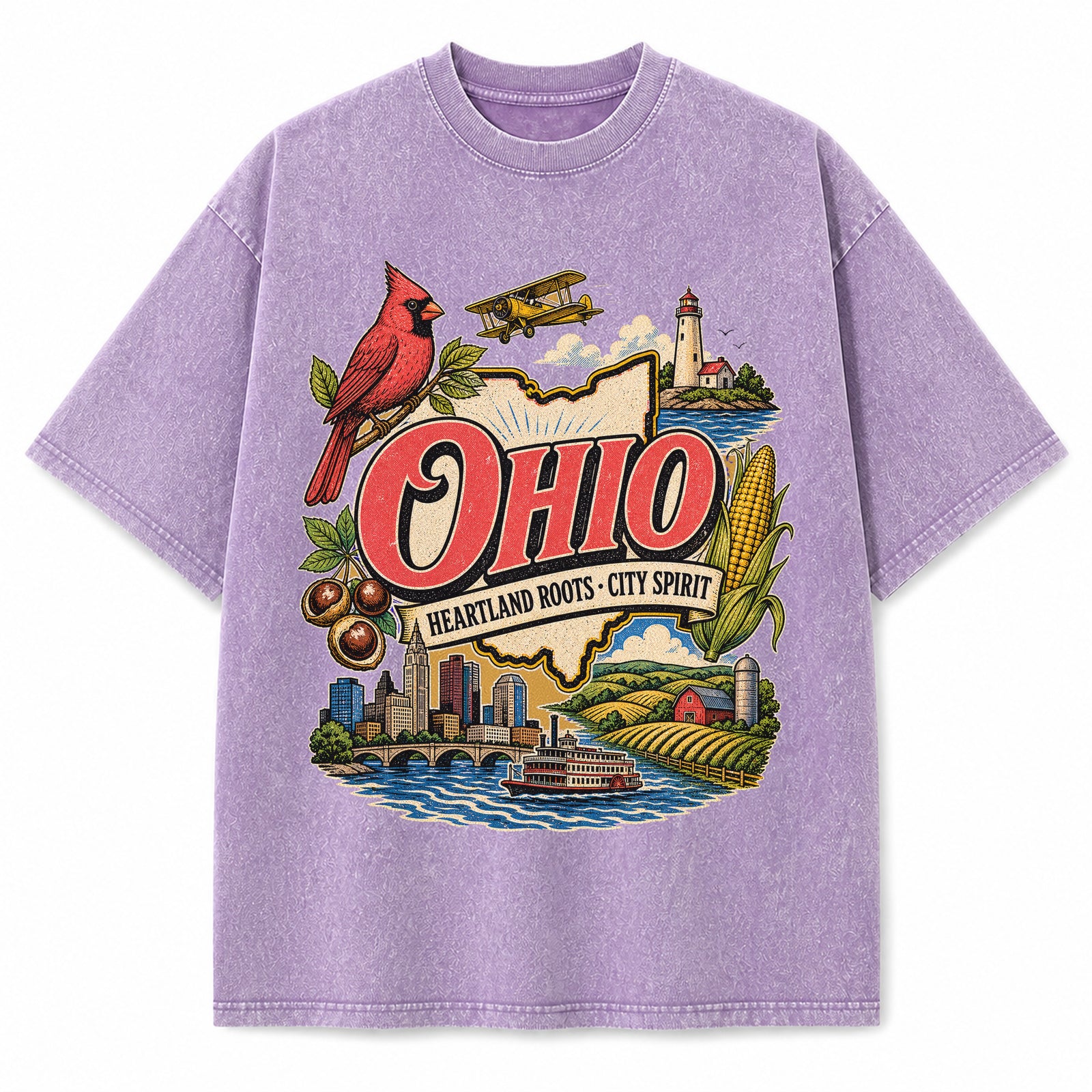Colorful Ohio State Collage Washed Vintage T-Shirt in Purple, front view on a white background
