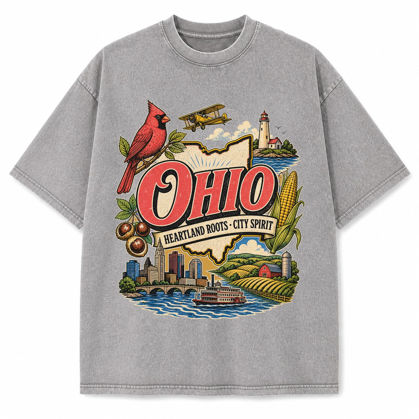 Colorful Ohio State Collage Washed Vintage T-Shirt in Light Gray, front view on a white background