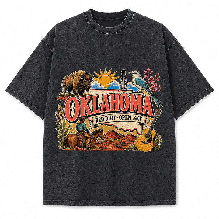 Colorful Oklahoma State Collage Washed Vintage T-Shirt in Black, front view on a white background