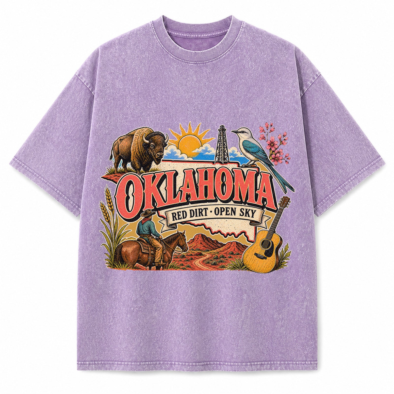 Colorful Oklahoma State Collage Washed Vintage T-Shirt in Purple, front view on a white background