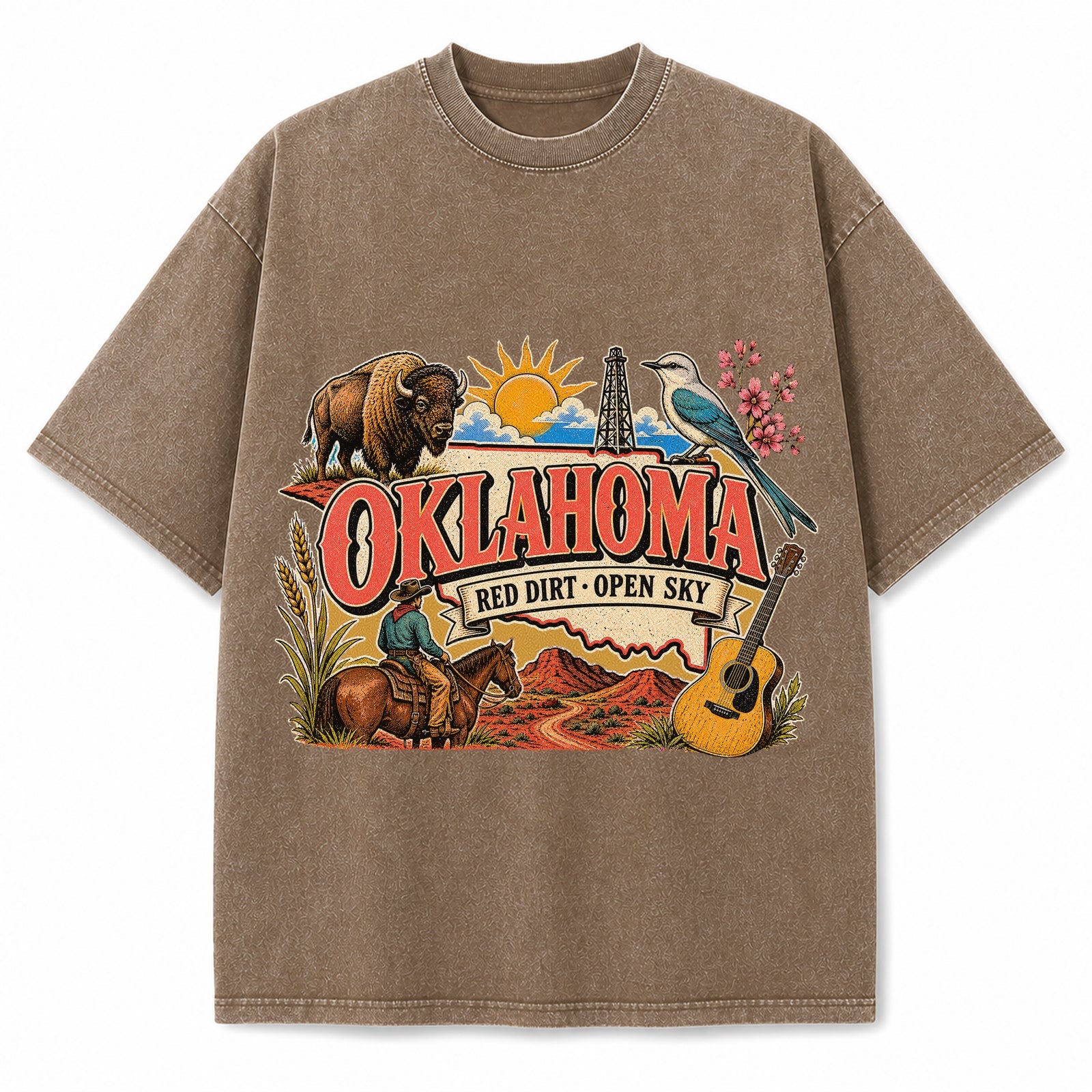 Colorful Oklahoma State Collage Washed Vintage T-Shirt in Brown, front view on a white background