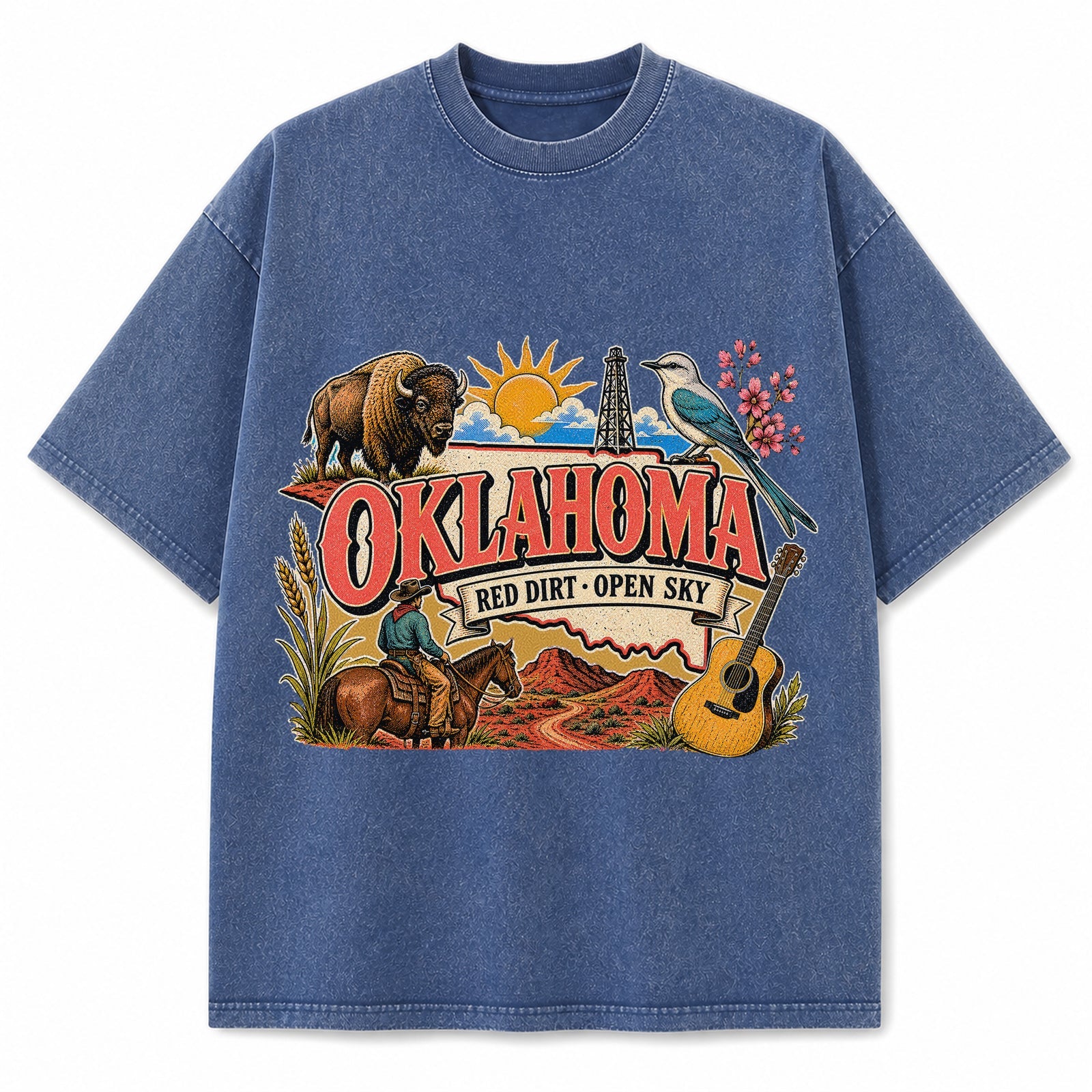 Colorful Oklahoma State Collage Washed Vintage T-Shirt in Blue, front view on a white background