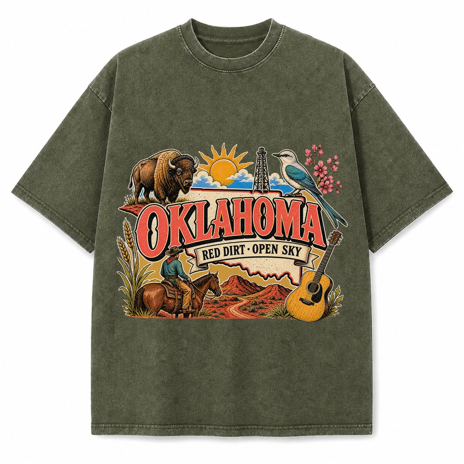 Colorful Oklahoma State Collage Washed Vintage T-Shirt in Military Green, front view on a white background