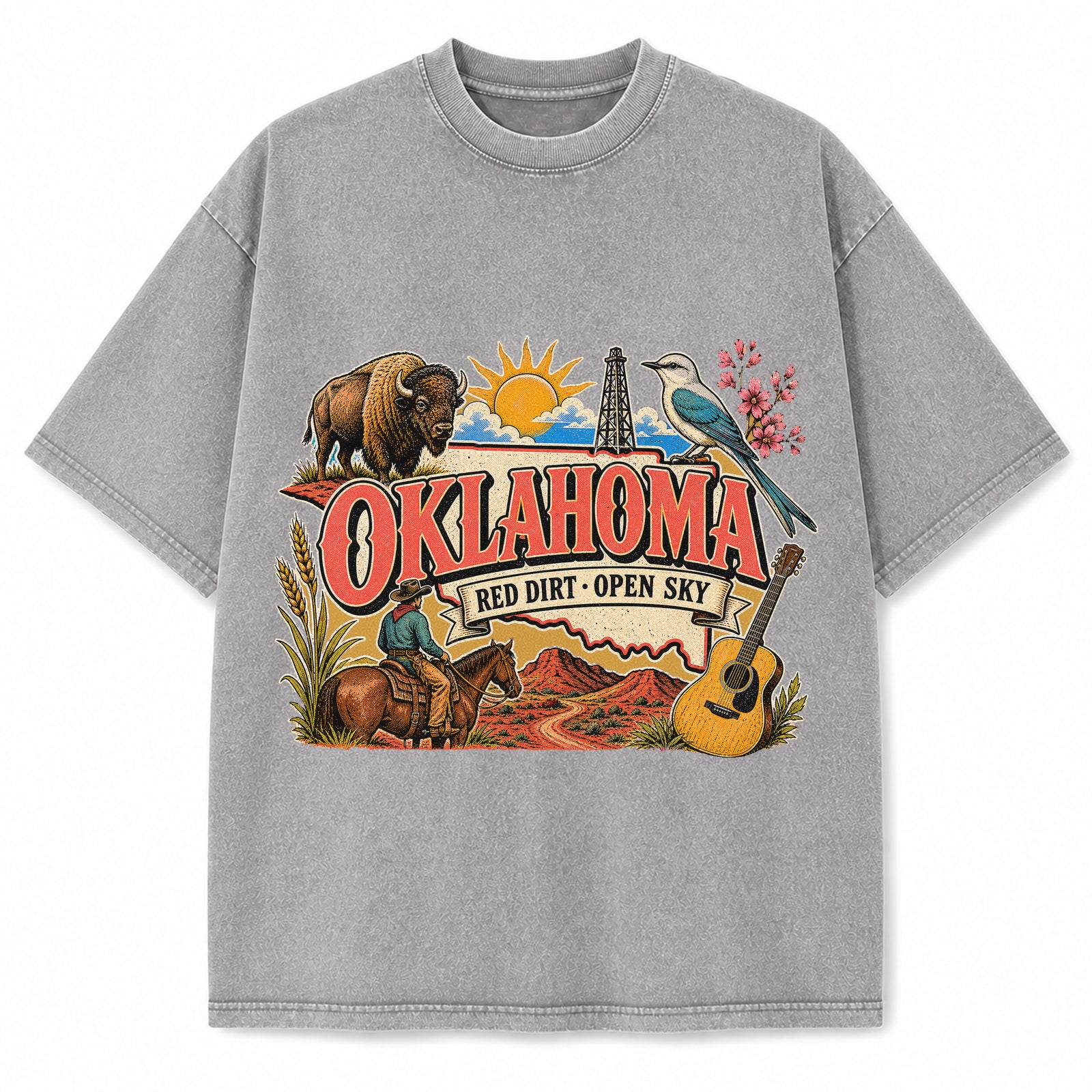 Colorful Oklahoma State Collage Washed Vintage T-Shirt in Light Gray, front view on a white background